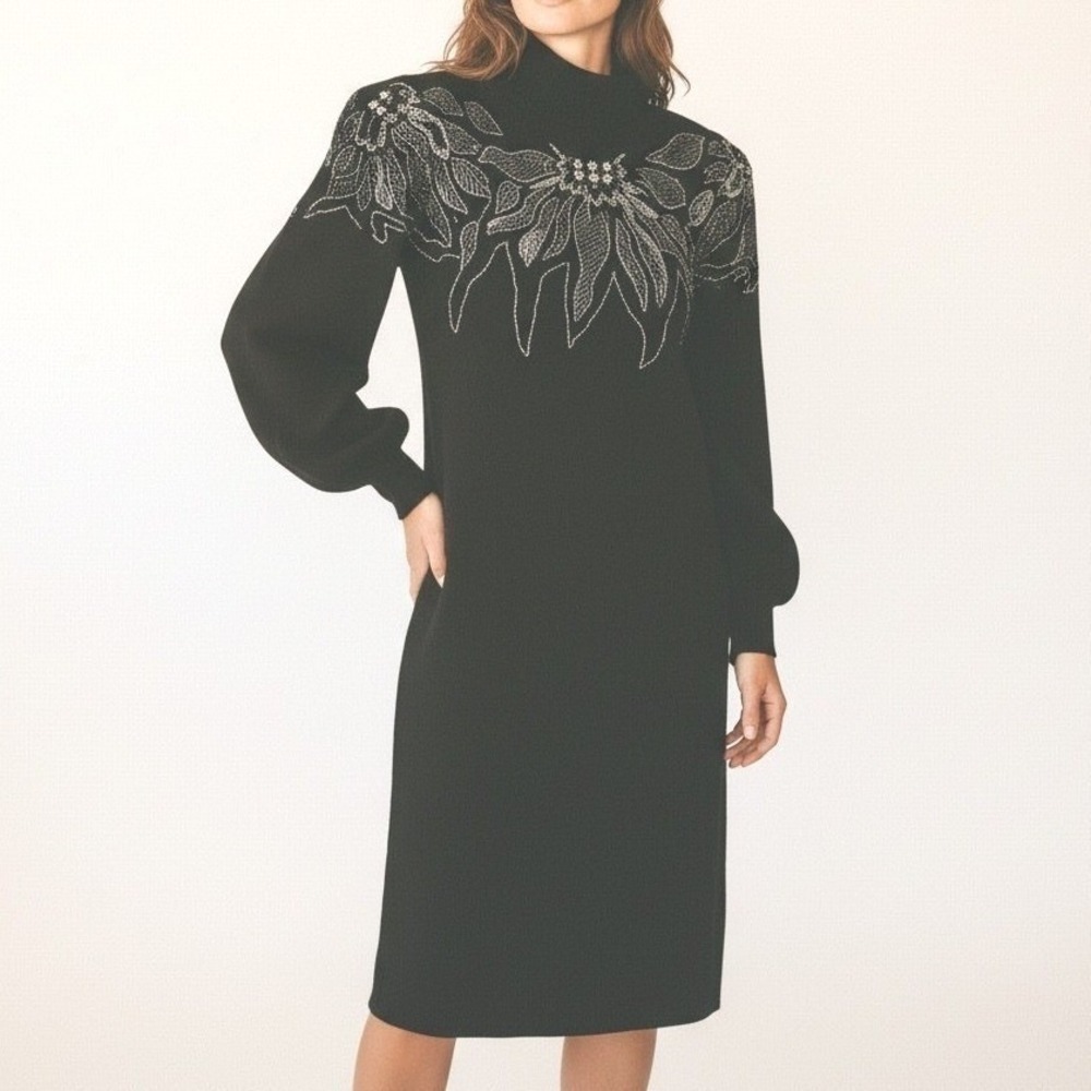 Nilani Vintage Silk Blend Sweater Dress Beaded Floral Applique Turtleneck Size S